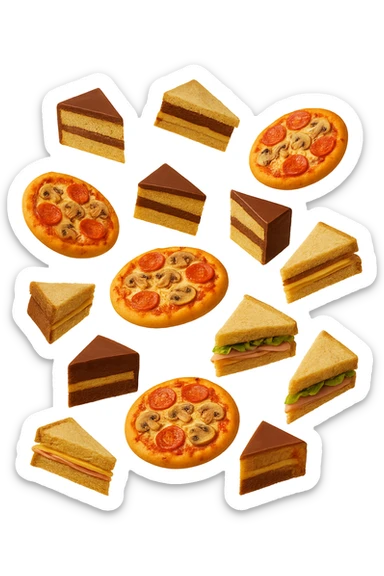 pizzette, fette di torta e panini, fluttuano in aria in 3d, sfondo bianco sticker
