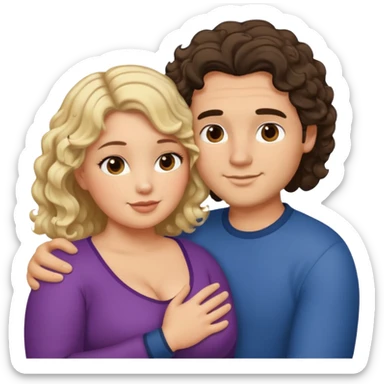 flirty couple hugging. The man dark brown brushed hair. The woman is chubby and has shoulder-length blond curls sticker