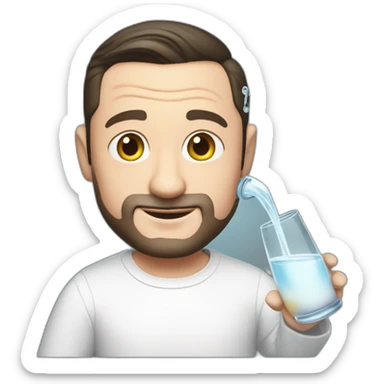 tim robinson dark black slicked back hair, wearing a white long sleeve t-shirt while pouring water from glass onto a steak sticker