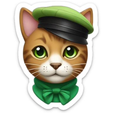 Brown cat with black stripes and white mustache and the contour of the white mouth and green eyes with a brush pencil and a black beret and a color palette sticker