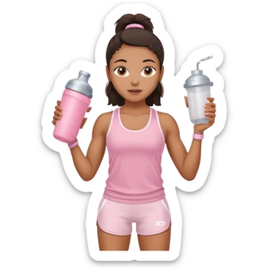 Mixed-race athletic woman with bronzed skin, wearing baby pink tank top and white shorts, holding a protein shaker sticker