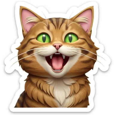 Cinematic Cute Yawning Brown Tabby Cat Portrait Emoji, Head tilted slightly with a dramatic, wide-open yawn, soft brown fur with bold tabby markings, long whiskers stretching forward, golden-green eyes barely open in drowsy contentment, Simplified yet irresistibly adorable features, highly detailed, glowing with a soft, cozy glow, high shine, relaxed yet expressive, stylized with a touch of whimsy, bright and endearing, soft glowing outline, capturing the essence of a sleepy yet affectionate kitty, so drowsy it feels like it could stretch right out of the screen and curl up for a nap! sticker