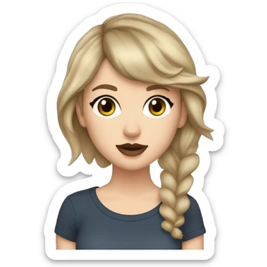 white girl with dirty blonde brownish hair and bluey/grey eyes and a mole on left middle of the cheek and wearing a taylor swift tshirt sticker