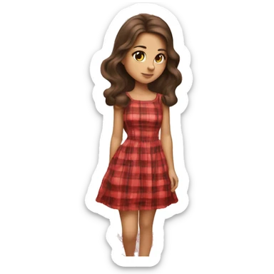 Pretty peach skin brunette woman with long flowing hair and red rosy cheeks in red plaid babydoll dress sticker