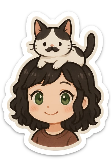 portrait of a white girl with medium-length black curly hair and green eyes, friendly expression, with a white and black cat standing on her head, the cat has a distinctive black stain under its nose resembling a mustache, cute and whimsical style sticker