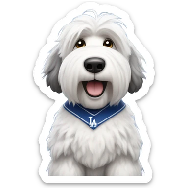 Old English Sheepdog full height wearing a Los Angeles dodgers baseball jersey sticker