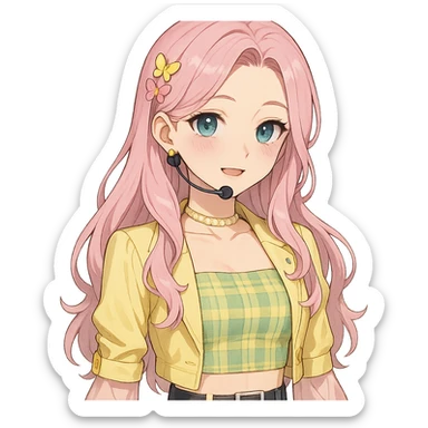 Fluttershy reimagined as a human K-pop idol in anime style, pastel pink hair, trendy stage outfit, soft makeup, transparent background sticker