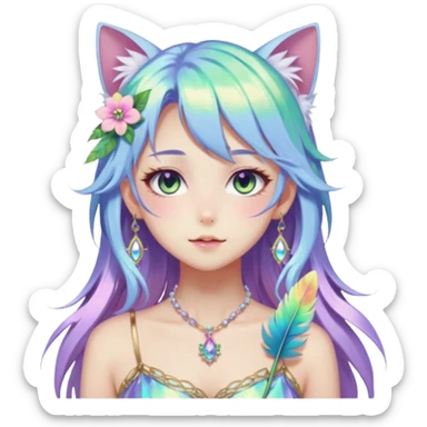 Beautiful gorgeous anime catgirl with beautiful iridescent-special-hair, fashion aesthetic, ethereal, fairycore, pastelcore, feather, flower, gems, accessories, jewelries, gold, colorful sticker