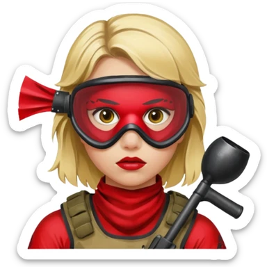 blond girl playing paintball with red paintball face mask sticker