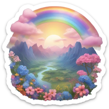 a fairytale landscape with a rainbow multicolor with shades of pink made of blue flowers and the sun on the side sticker