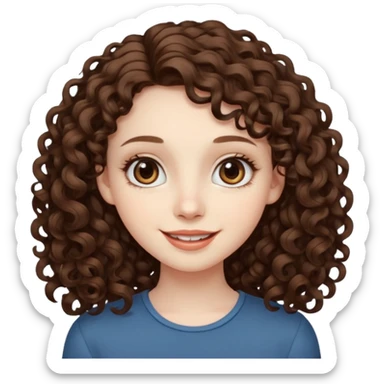 Light brown eyed female with pale skin. She has big eyes, curly and long dark brown hair and thin lips smiling. sticker