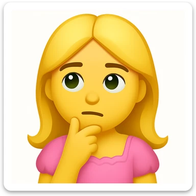 Create an edited version of the reference image in the style of apple emojis. The character should have blonde long hair, green swamp eyes, and wear a pink pastel dress. Change the expression to a thoughtful expression while keeping all facial features, clothes, and hairstyle from the reference. sticker
