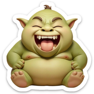 Cinematic Cute Yawning Ogre Portrait Emoji, with a surprisingly cuddly, rotund figure in soft earthy greens and browns, head tilted back in a big, gentle yawn exposing a set of comically oversized teeth, simplified yet irresistibly adorable, highly detailed with a soft glowing outline that captures the sleepy charm of a friendly ogre after a long day of gentle mischief! sticker