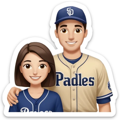 White Smiling couple. Woman has big cheeks and a lot of freckles on the nose. Medium long brown hair. Man has black and very short hair and prominent eyebrows with egipcian nose. Both are wearing “Los Padres” baseball jerseys and with a sign that says “Go Padres” sticker