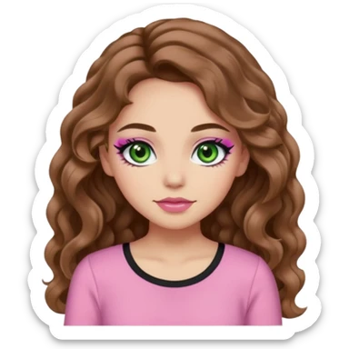 long brown wavy hair, light skin, green eyes, pretty bratz baddie, big plus size , black eyeliner, blush, pink girly top sticker