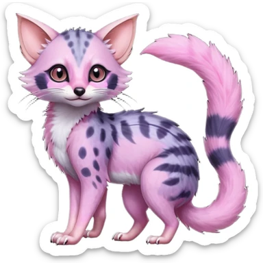 Deep dark pastel bright whitish pale Violet-pink-gradients with darker points Asian painted anime-styled big-eyed shiny glorious divine marked exotic cool beautiful realistic Lykoi-civet-genet-sergal-ocicat-oncilla-animal-Fakémon-hybrid-fursona (full body) sticker