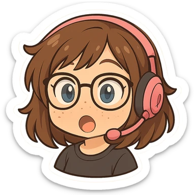 Chibi woman with shoulder length choppy brown hair, pink gaming headset, freckles, glasses, and blue eyes, surprised expression, chibi stickers style, no background. sticker