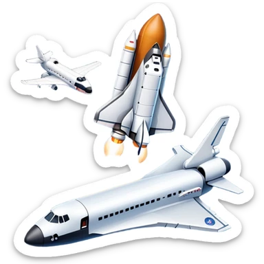 An icon featuring a space shuttle and an airplane against a starry sky, symbolizing aerospace technology. The design includes rocket boosters and satellite orbits, representing the exploration of space and advanced aviation. Transparent background sticker