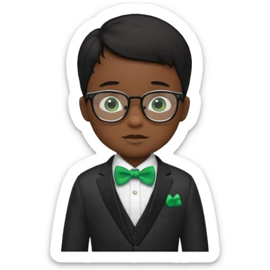 baby boy black hair in suit, with green bow, wearing glasses sticker