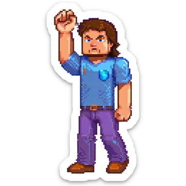 Jack Black as Minecraft Steve in mining pose with arm raised, blocky character with brown hair, blue shirt, and purple pants sticker
