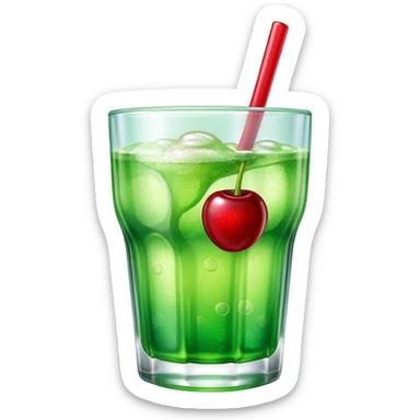 Create an emoji with a clear rounded glass, bright transparent green soda with fine bubbles, a smooth vanilla scoop, a glossy red cherry, using vibrant colors, soft shading, and clear glass highlights.
 sticker