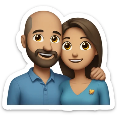 Brown-haired Puerto Rican woman with dark brown eyes wearing a cute blue blouse giving comforting hug to short, bald man with brown eyes, laugh lines, and a beard sticker