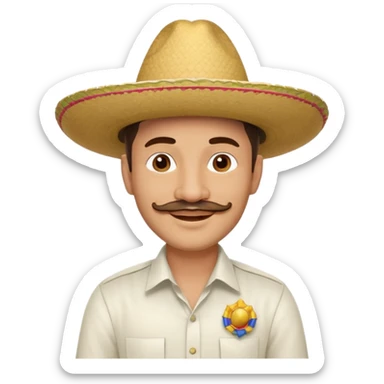 A happy, light skinned, Colombian man, with a small not connected mustache, a small gotee, wearing a Colombian Sombrero Voltiao, and wearing a white dress shirt sticker