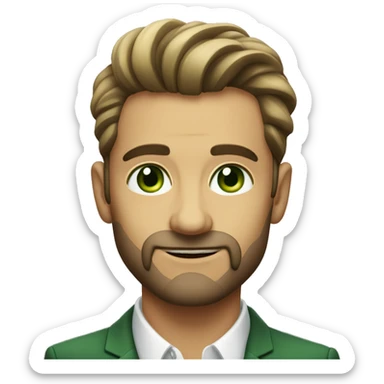 portrait of a stylish man younger and less experienced. No beard, green eyes, younger sticker