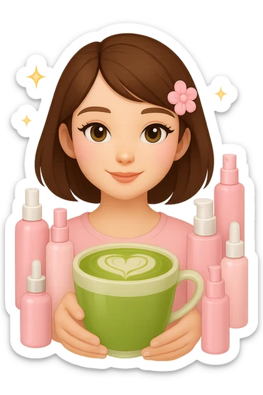Create an Apple emoji style profile picture of a girl with short dark brown hair and brown eyes, pink soft girl aesthetic, holding a matcha latte, surrounded by pink skincare and makeup, sparkles, with a different accessory such as a hair clip or headband. The style should mimic Apple emojis with a soft and polished look. sticker