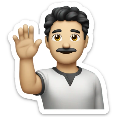 Light man with black little mustache and black hair going to the left direction messy hair blue eyes raising his hand sticker