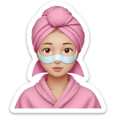 Clean girl influencer character, chest-up portrait, wearing a pink towel wrapped around the head, facial skincare mask on face, relaxed confident expression, soft glow skin, minimal chic aesthetic, subtle beauty accessories, calm self-care vibe sticker