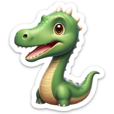 Cinematic Cute Brontosaurus Portrait Emoji, Head tilted playfully with a gentle smile, featuring a charming, massive form with an elongated neck and a small, endearing head adorned with bright, curious eyes, Simplified yet irresistibly adorable features, highly detailed, glowing with a warm, inviting prehistoric glow, high shine, affectionate and lively, stylized with a touch of whimsical ancient charm, soft glowing outline, capturing the essence of a playful Brontosaurus that seems as if it could amble out of the screen into your arms! sticker