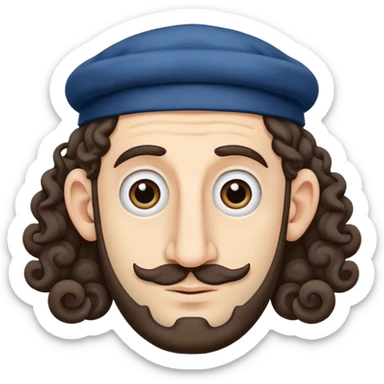 Jewish man with huge nose and only two long curls on either side of his head wearing a kippah sticker