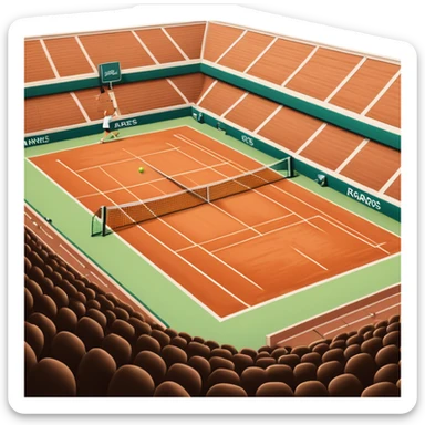 A tennis court at the Roland Garros tournament, with the iconic clay surface and a tennis ball bouncing near the net. The scene evokes the energy and excitement of the grand event, with vibrant crowds in the stands and a competitive atmosphere. sticker