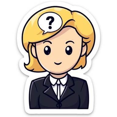 blonde haired white woman in a black formal suit with a white speech bubble containing a black question mark next to her head sticker
