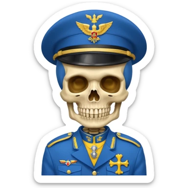 generate a very realistic skeleton in Ukrainian blue and yellow military uniform sticker