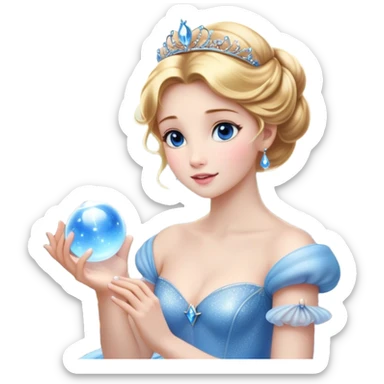 Cinematic Stunning Cinderella Portrait Emoji, Radiant in her sparkling blue ball gown, golden hair in a perfect updo, soft blue eyes full of wonder, glistening tiara, glowing with an ethereal beauty, regal yet kind, a dreamlike aura surrounds her, capturing the essence of a fairy tale princess, elegant and breathtaking! sticker