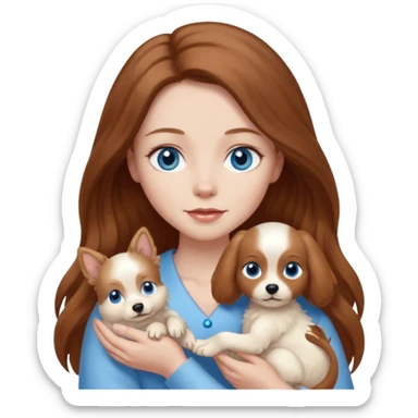 long hair chestnut color blue eyes woman holding small ivory dog sticker