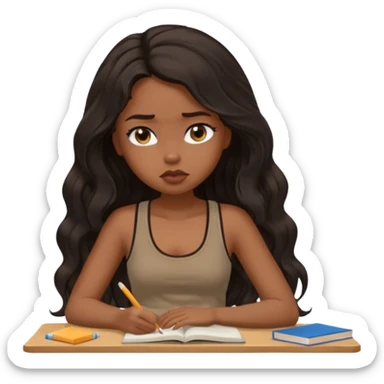a pretty bratz light dusky girl with long wavy black hair in a brown tank top studying and lookinh tired sticker