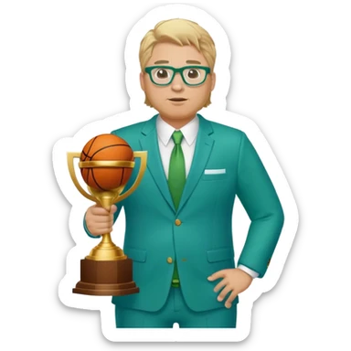 full body plus size male basketball coach with sandy blonde hair and glassed wearing blue and green suit holding a trophy sticker