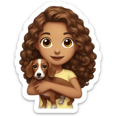 Girl long curly brown hair smiling mixed race et tenant brown eyes and holding a dachshund in her arms sticker