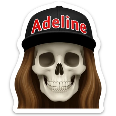 Create a skeleton head wearing a black baseball cap that says " Adeline " in red, and white lettering, with long brown hair sticker