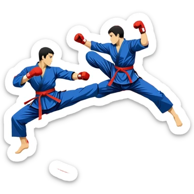 An emblem-style design featuring crossed martial arts weapons like a fist and foot, symbolizing striking combat sports. The background includes a silhouette of a fighter in an action pose, with dynamic lines and bold colors, showcasing speed and power. Transparent background. sticker