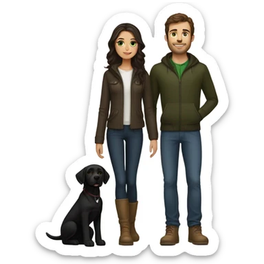 Spanish slim body brunette girl wearing Uggs next to a French guy brown hair, green eyes wearing hype outfit, chiseled jaw and with a black labrador pup  sticker