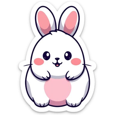 A chubby bunny in perfect Sanrio style like Hello Kitty, ultra simplified design, huge round head, tiny eyes and mouth, no nose, pastel colors, soft round shapes, tiny spikes, adorable expression, clean bold black outline, kawaii sticker