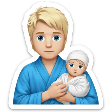 A white man with blue eyes, medium-length blond hair, a blue Cartier watch on his wrist, and a black and white bathrobe. His hair is messy, and he has a baby face. sticker
