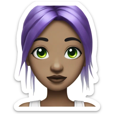 A girl with black hair with purple streaks has a septum ring and 2 bottom lip piercings, white with green eyes and bangs sticker