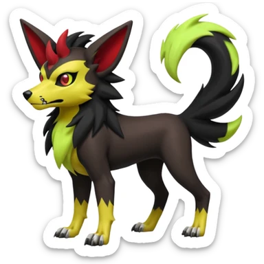Hyper realistic skeletal black and neon green and neon yellow Poochyena-Lycanroc-Zorua-Litten-Houndoom-Fakémon-Pokémon-Digimon-hybrid-fusion (full body) with a skull face sticker