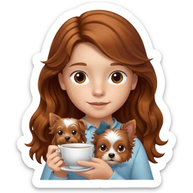 11 year old girl with freckles and long wavy brown hair, holding a teacup yorkie dog sticker