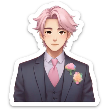 Gorgeous romantic anime style Asian formal modern gentlemanly guy with pretty hair and flower petals and blushing face aesthetic trending style outside with colorful gradient colors  pastelcore cottagecore kawaiicore sticker